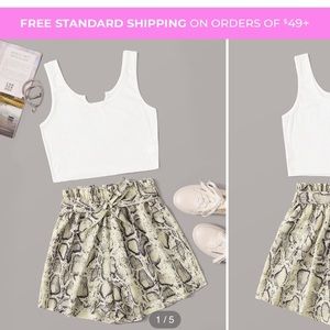 Ribbed Tank Top With Snakeskin Belted Shorts